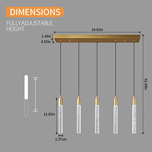 Image of Kitchen Island Lighting Modern Light Fixture Gold Pendant Light Dimmable LED Brass Finish Mini Crystal Pendant Lights for Dining Room Living Room(5-Light)
