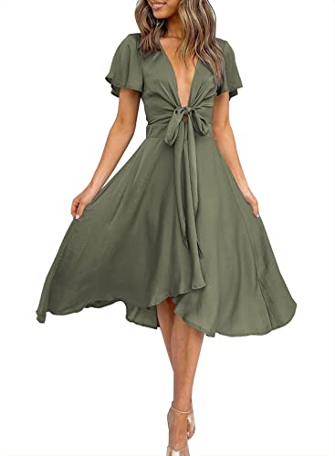 Image of miduo Womens Satin V Neck Ruffle Short Sleeve Tie Front High Waist Midi A-Line Maxi Dresses