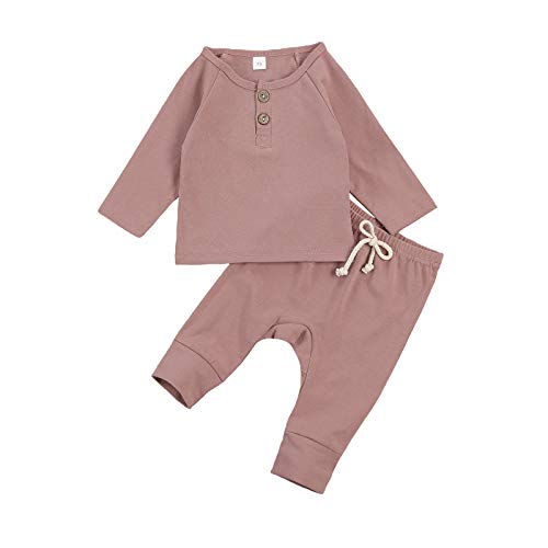 Muasaaluxi Toddler Baby Boy Girl Long Sleeve Top Shirt + Solid Long Pants Ribbed Clothes Fall Winter 2Pcs Outfit (E Dark Pink, 18-24M)