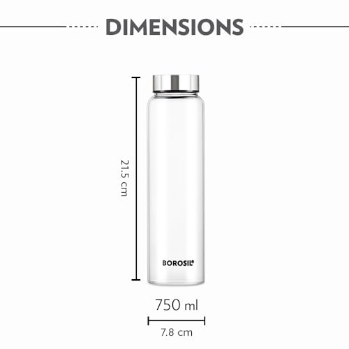 Borosil 750ml Crysto Bottle Set with Lid | Borosilicate Glass Wide Mouth Bottle for Fridge | Extreme Temperature Resistant For Hot & Cold Water, Milk, Lassi, Juice (Pack of 4, Steel Lid)