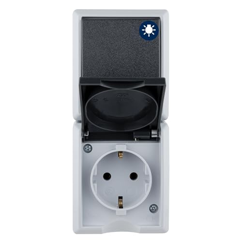REV AquaForm, Lichtschalter mit Steckdose, IP44, einpolig, Aufputz, senkrecht, grau
