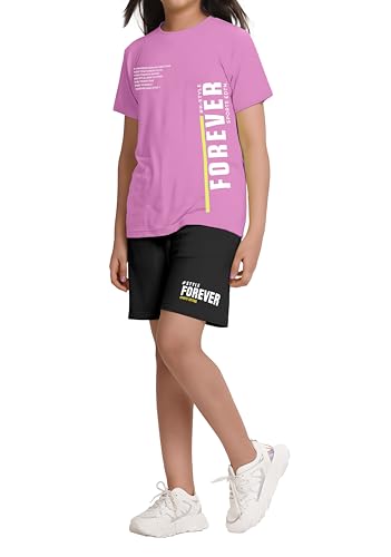 Image of KYDA KIDS Girls 100% Pure Cotton Clothing Set | T-Shirt & Shorts Co-Ord | Premium Chest Printed Top | Soft Comfortable Summer Wear | Casual Kids Outfit