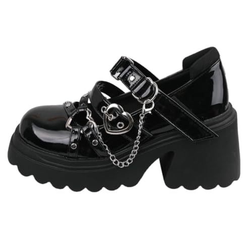 Image of Parisuit Womens Goth Platform Mary Janes Heels Buckle Chain Punk Cosplay Shoes Ankle Strap Chunky Heel Round Toe Pumps