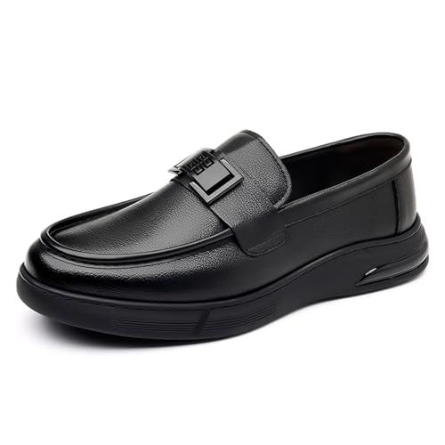 Men's Genuine Leather Slip-On Platform Loafers with Decorative Buckle Lightweight Flexible Non-Slip Sole Round Toe Business Formal Office Dress Shoes