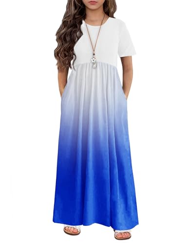Image of Arshiner Girls Maxi Dress Long /Short Sleeve Casual Holiday Dress with Pockets for 5-13 Years