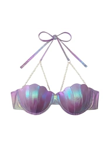 Floerns Womens Laser Seashell Bra Bikini Top Purple Large