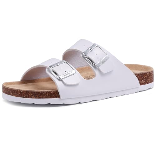 ODOLY Unisex Cork Footbed Slide Sandal, Arch Support Summer Outdoor Sandals with Adjustable Buckle for Women and Men, White 39 (8 Women/6.5 Men)