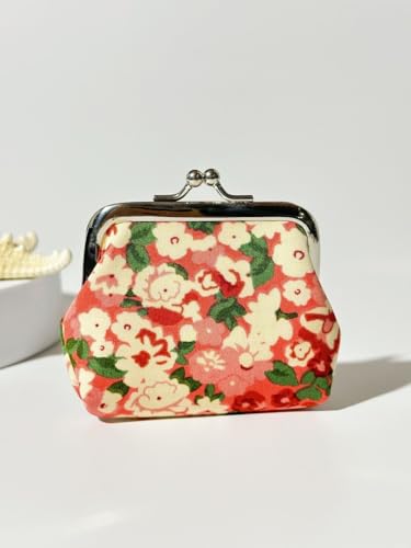 Flowers Pattern Coin Purse- Mini Clasp Pouch Key Bags Money Bag/Wallet, Flower Bag Gifts for Girls Kids Purses Wallets Party Favors(Red)2