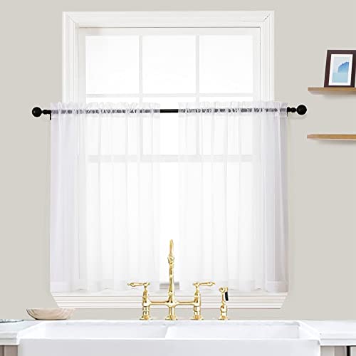 Image of OVZME White Sheer Curtains 36 Inch Length Kitchen Tiers Short Voile Drapes Solid Sheers Cafe Curtain for Bathroom Small Half Window 2 Panels Set, Rod Pocket, 42 inch W x 36 inch L