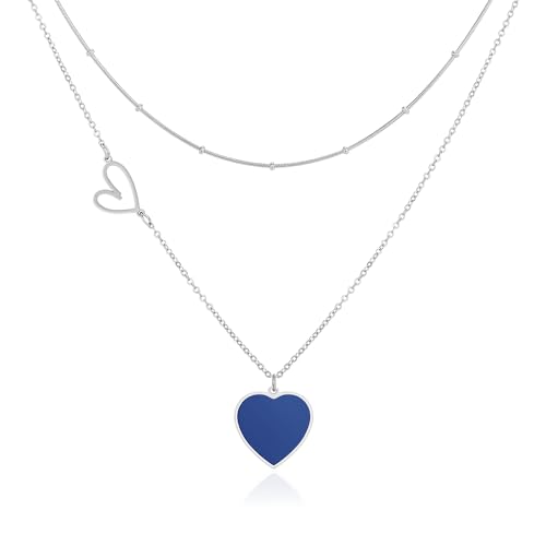 Linawe Collier Cœur Bleu, Chaîne Cœur en Argent et Acier Inoxydable, Bijoux en Argent et Acier Inoxydable, Chaîne à Superposer avec Pendentif