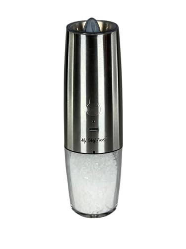 MY CHEF TOOLS Rechargeable Electric Salt and Pepper Grinder Set, Automatic Activation, LED Light, USB-C, 2 Pack, Silver