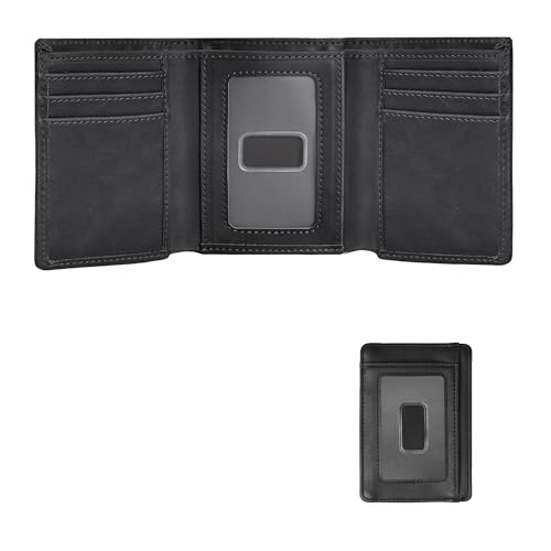 Happtiger Trifold Wallet for Men, Leather Wallets with 8 Card Slot and 2 Money Pocket and 1 Clear Photo Slot + 1 Minimalist Leather Card Pocket with 6 Card Slot and 1 Transparent Windows Slot - Black