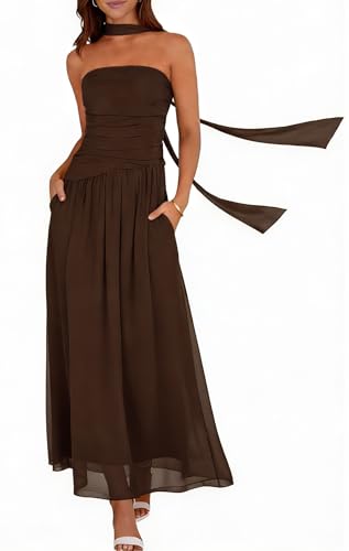 Summer Maxi Dresses for Women 2026 Strapless Ruched Tube Dress with Scarf Beach Vacation Spring Wedding Guest Dress Pockets (US Alpha Large Regular Regular Brown)