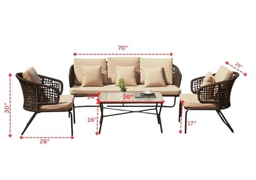 Image of DEVOKO Outdoor 5 Seater Patio Rope Conversation Sofa Set with Glass Top Coffee Table, for Garden, Backyard, Terrace (Dark Brown and Cream)