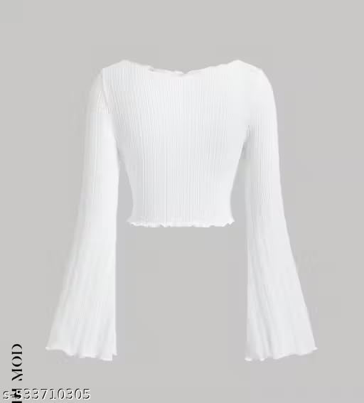 Image of V-Neck Notched Flared Sleeve Top for Women | Stylish Polyester Long Sleeve Blouse for Casual Wear 450