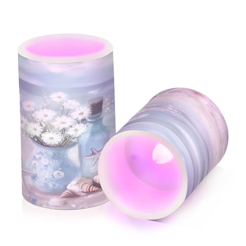 Image of Ocean Beach Seascape Vase Starfish Shell Flickering Flameless Candles LED Battery Operated with Remote Timer Pillar Candles for Home Birthday Wedding Christmas Decor, Set of 2
