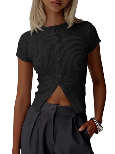 Imily Bela Womens Short Sleeve Sweater Tops Summer Button Down Casual Ribbed Knit Slim Fit Cropped Cardigan Shirts Black