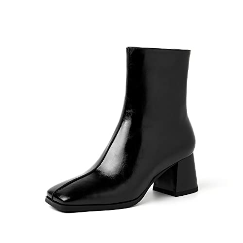 TinaCus Women's Genuine Leather Square Toe Handmade Zipper Mid Chunky Heels Trendy Booties
