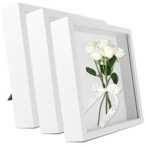 Lot de 3 Cadres Vitrine 20x20 cm – Cadre Objet 3D avec 3 cm de Profondeur à Remplir – Boîte à Souvenirs Blanche pour Fleurs Séchées, Photos & Déco Murale – Support à Poser ou Accrocher