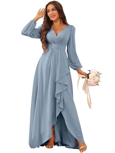 Chiffon Simple Long Sleeve Wedding Dresses for Bride V Neck Ruched Ruffle Bridal Gown with Slit