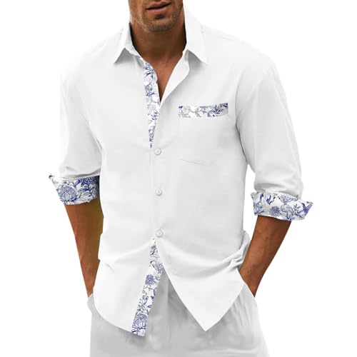 Hemd Herren, Hemden für Herren Langarm V-Ausschnitt Knopfleiste Einfarbig Hemdjacke, Bügelfrei Herrenhemd Dünn Atmungsaktive Freizeithemd Alltag, Outdoor Business Musselin Hemd Shirt ​​als Anzughemd​​