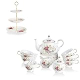 Sweejar Porcelain Tea Set, Vintage British Floral Relief Gold Rimmed Teapot Cup and Saucer Set and Cake Stand