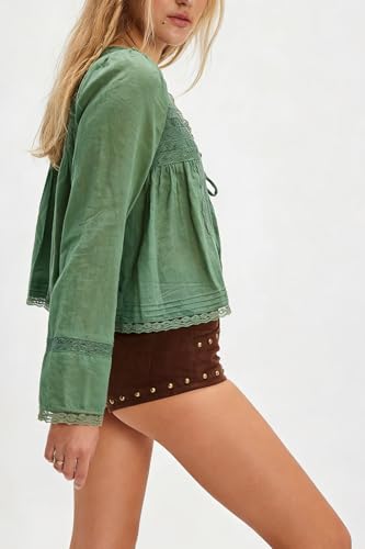 Image of Women Summer Sheer Tie Front Top Y2k Peplum Chiffon Blouse Eyelet Long Sleeve Flowy Lace Beach Cover Up Boho Tops