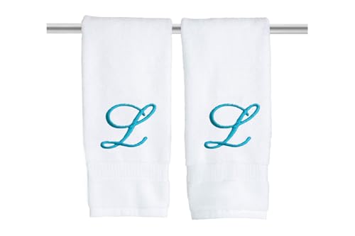 Decorvo White Monogrammed Hand Towels for Bathroom - Luxury Hotel Quality Personalized Initial Embroidered Towel for Powder Room, Spa - GOTS Organic Certified - Set of 2 Teal Letter L