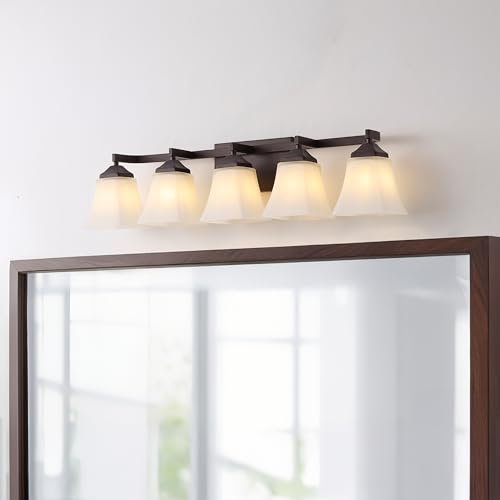 Image of JONATHAN Y 32.5 inch Oil Rubbed Bronze White 5-Light Metal Glass Rectangular Vanity Light Wall Sconce Traditional Transitional for Bathroom with Frosted Glass Shade Damp Rated LED Bulbs Included JYL7622A