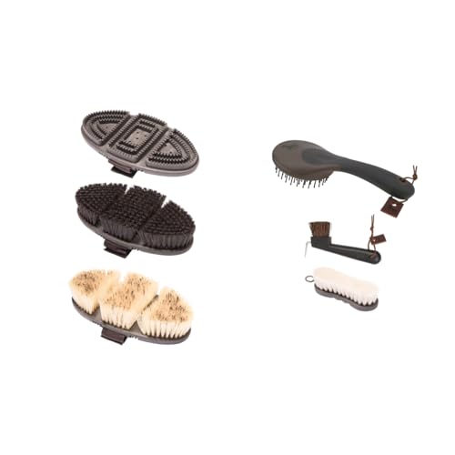 Animalon Basis-Set | Kardätsche, Striegel, Wurzelbürste, Schweif- & Mähnenbürste & Hufbürste | Basis-Ausrüstung für die tägliche Pferdepflege (braun)