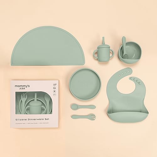 Image of Mommy's Ark 10-Piece Dinnerware Set: Food-Grade Essentials! Dishwasher-Safe Convenience: Bowl & Spoon Set™, Silicone Plate, Catch-All™ Bib, Fork + Spoon Set, Spill-Proof Sippy Cup, Non-Slip Place Mat