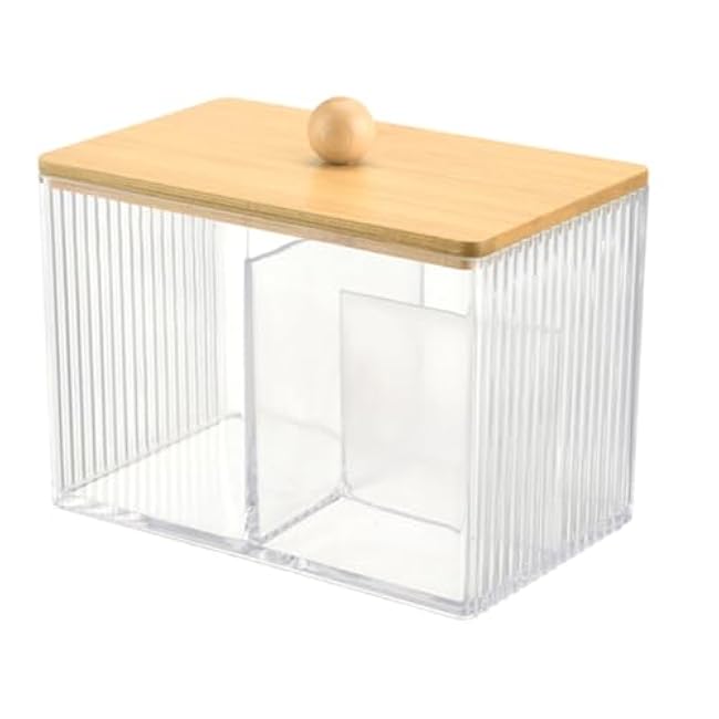 Elegant Sturdy Wood Lid Bathroom Organizers for Cotton Covers Qtips Makeup Pads and Hair Bands Storage Solution