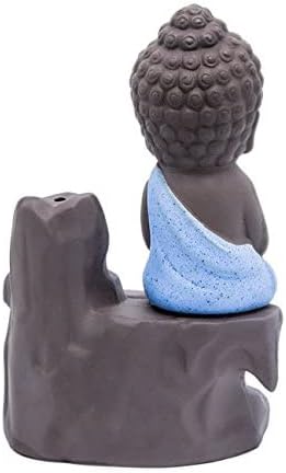 OCIOLI Incense Burner Backflow Tower Cones Sticks Holder Ceramic Porcelain Buddha Monk Ash Catcher Waterfall Incense Burner with 10 backflow Incense Cones (Blue)