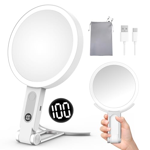 Travel Makeup Mirror with Lights, 1X/20X Magnifying Lighted Makeup Mirror with LED Display ,2-Sided Rechargeable Beauty Mirror with 3 Color Lights & Touch Control, Adjustable Vanity Mirror for Women