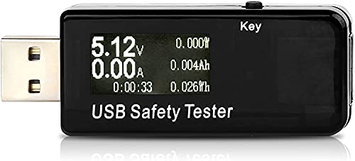 USB Safety Tester,USB Power Meter Testeur de Tension Actuel Monitor,Current and Voltage Monitor DC 5.1A 30V Amp Voltage Power Meter, Cables, Capacity of Power Banks,Black Cover