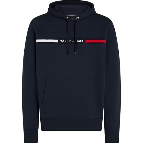 Tommy Hilfiger Men's Medium Weight Fleece Hoodie Sweatshirt with Signature Stripe Logo Hooded, Desert Sky, M