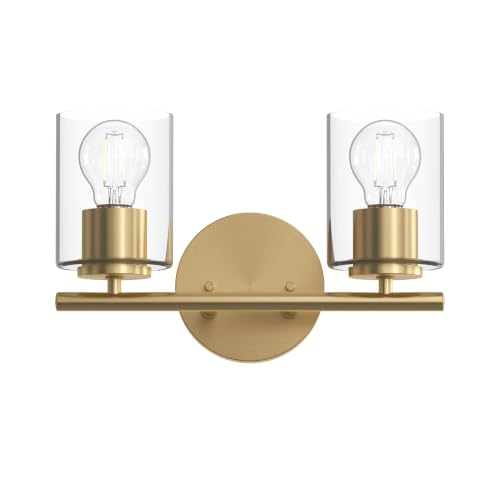 Image of Progress Lighting Replay 13 Inch 2-Light Vanity Light, Transitional, Brushed Gold with Clear Glass Shades, (7.875 inch H x 13 inch W x 6 inch D), P300582-191
