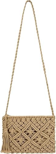 Women Crochet Shoulder Bag Handmade Woven Beach Crossbody Handbag Satchel Purse With Tassel For Summer