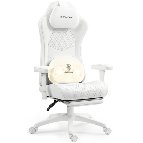 Gaming Chair with Heated Massage Lumbar Support and Reclining Function in White