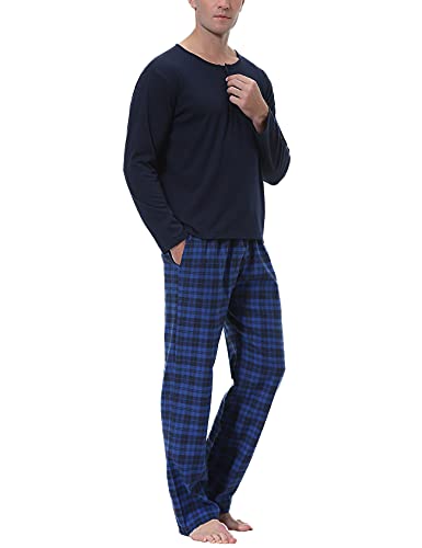 Nieery Pyjama Homme Hiver, Ensemble Pyjama Coton Chauds Manche Longue Col Rond,Bleu Foncé,M Cover