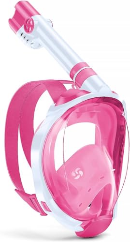 Image of Delavala Full Face Snorkeling Mask Diving Gear - Dry Top System,180 Degree Panoramic View Snorkeling Mask with Camera Mount,Safe Breathing,Anti-Leak Anti-Fog-Swim Fins (Pink - Large /X-Large)