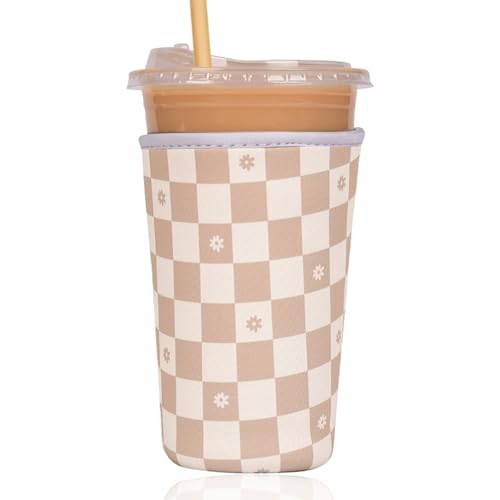 Image of Reusable Insulated Sleeve for Iced Coffee Cup, Coffee Neoprene Sleeve for Cold & Hot Drinks, Beverage Holder for Iced Coffee (Floral Checkers, Large: 32oz)