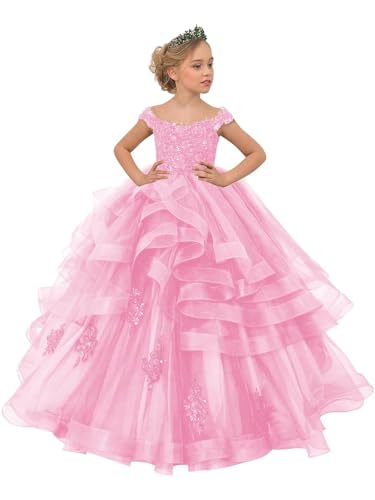 PAVERJER Ruffle Tulle Flower Girl Dresses for Wedding Lace Applique Princess Dress Long Party Gown with Sleeves