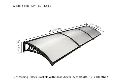 Image of CHENNAI Window Blinds and Shades DIY Polycarbonate Awning (Engineered Plastic Brackets) Window Sunshade Door Weather Shed Rain Canopy Awnings - 12'Widthx2'Depth (Black Brackets & Clear Sheets)
