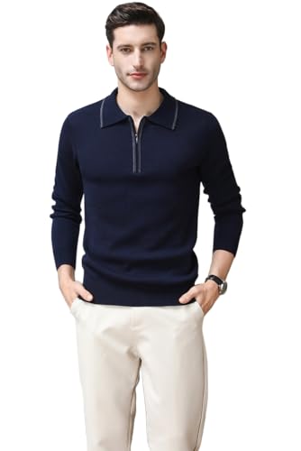 Men's 100% Wool Sweater Casual Long Sleeve Knit Polos Zip Down Collared Golf Pullover Sweaters