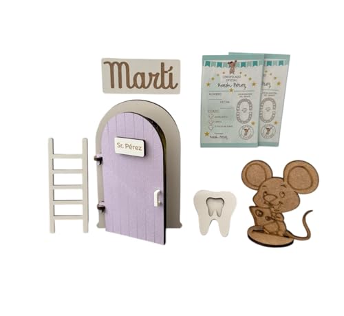 Puerta Ratoncito Pérez Personalizable Con Nombre,SE ABRE, color LILA-Con 4 certificados+Escalera+Felpudo personalizado+Caja para diente y opción si quieres a ratón. Puerta mágica.Casita Ratoncito