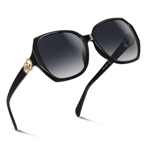 Wrimen Große-Sonnenbrille Damen-Polarisiert-XL-UV400 Schutz-Sunglasses Woman-Klassisch-Mode-Brillen-Oversized-Retro-Rahmen-Sonnenbrillen,Schwarz