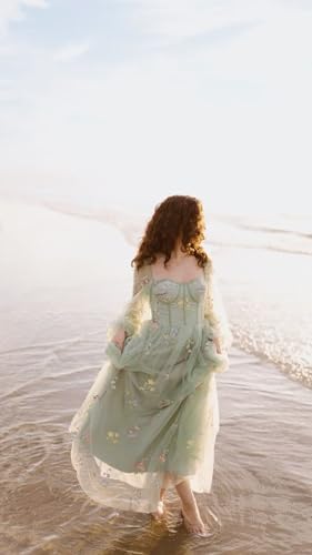 Fivsole Women's Puffy Long Sleeve Prom Dress Short Flower Embroidery Lace Tea-Length Formal Tulle Evening Party Gowns2