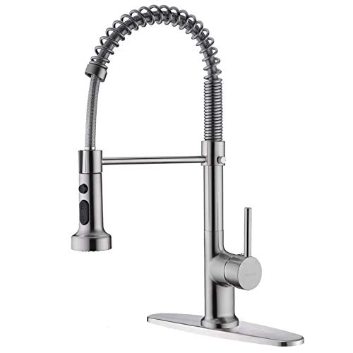 WENKEN Kitchen Faucet, 360 Degree Swivel High Arc Spring Kitchen Faucet, Pre-Rinse Brass Kitchen Faucet with Deck Plate, Brushed Nickel
