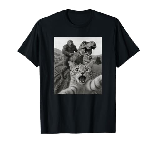 Funny Graphic Cat Selfie with Bigfoot Riding Dinosaur Cat T-Shirt